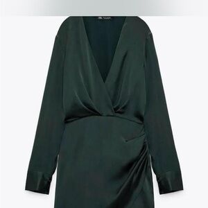 Zara Dark Green Long Sleeve Satin Dress